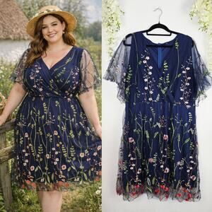 Floral Embroidered Dress Plus Size 4XL Navy Blue Tulle Cottagecore Garden Fairy